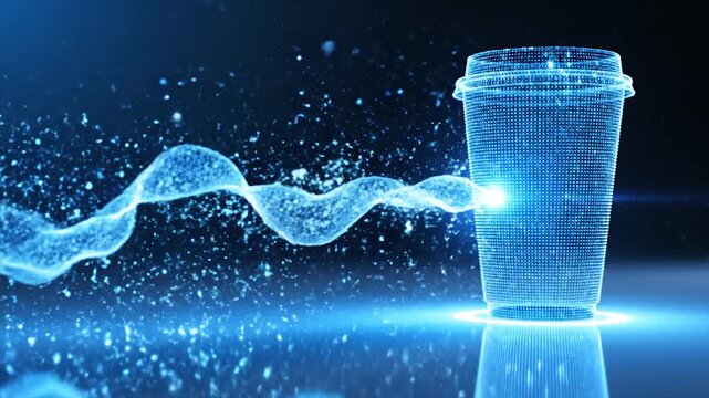 3d digital takeaway coffee cup with flowing binary code data stream in futuristic tech concept