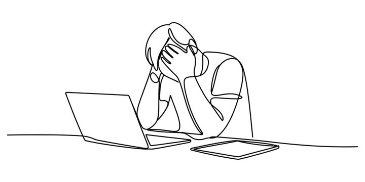 A single continuous line drawing of a person feeling stressed and tired while using a laptop computer Vector, illustration