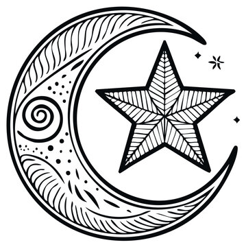 Intricate Crescent Moon with Star and Celestial Ornaments Symbol of Night Sky and Mysticism