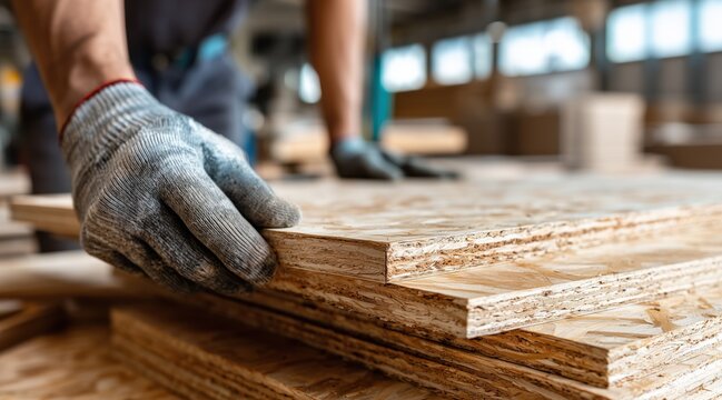 Worker lifting osb wood boards in workshop