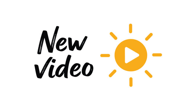 New video announcement with bold black typography and a sun shaped orange play button icon on a clean white background.