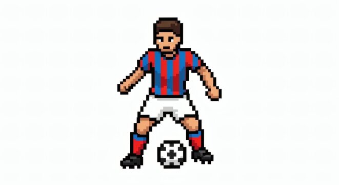 Pixel art soccer player dribbling football. Retro 8-bit style character in striped jersey with ball. Game asset illustration.