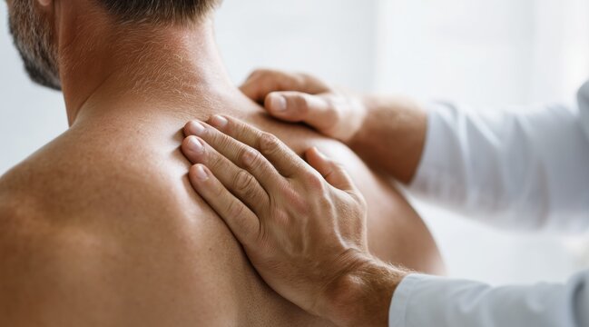 Physiotherapist hands massaging man upper back