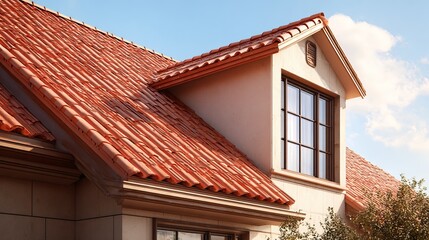 Naklejka premium A close-up view of a house with a red tiled roof and beige walls under a blue sky