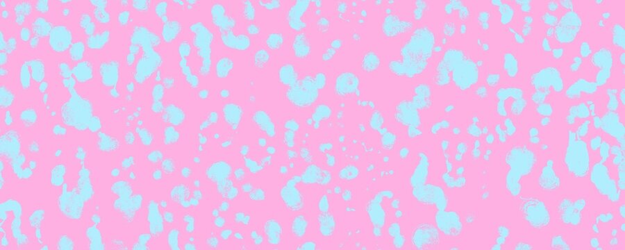 Pink and blue leopard seamless pattern. Hand drawn texture with blue stains on pink background. Paint blots