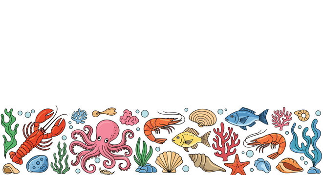 Decorative horizontal border featuring various colorful sea creatures including lobster octopus shrimp fish and coral.