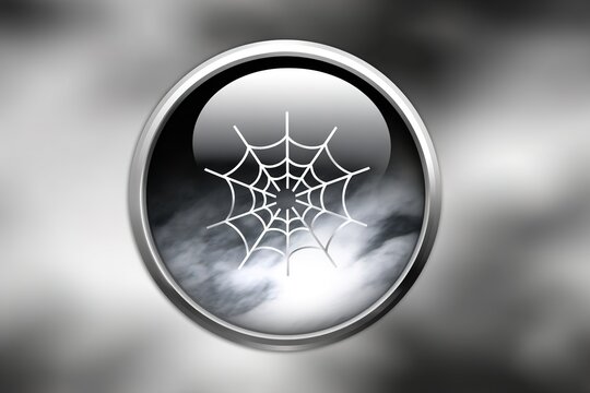 A close-up view of a spider web inside a metallic circle