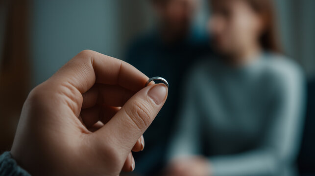 Hand holding a wedding ring, symbolizing relationship problems, a marriage ending, sad couple divorcing after a breakup, conflict, separation, and crisis, copy space