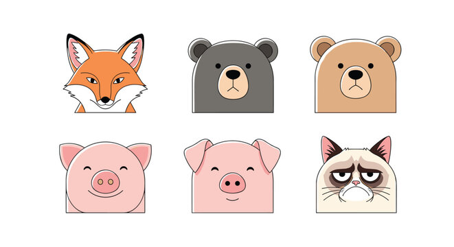 Six animal face icons including a fox, two bears, two pigs, and a grumpy cat arranged in a grid with simple line art.