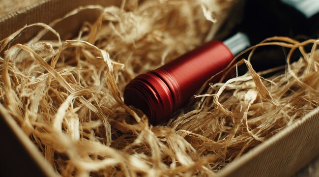 Wine bottle with red capsule in cardboard box with wood wool packing