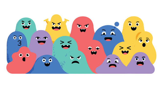 Crowd of diverse colorful monsters with various expressions and shapes forming a fun and friendly character pattern.
