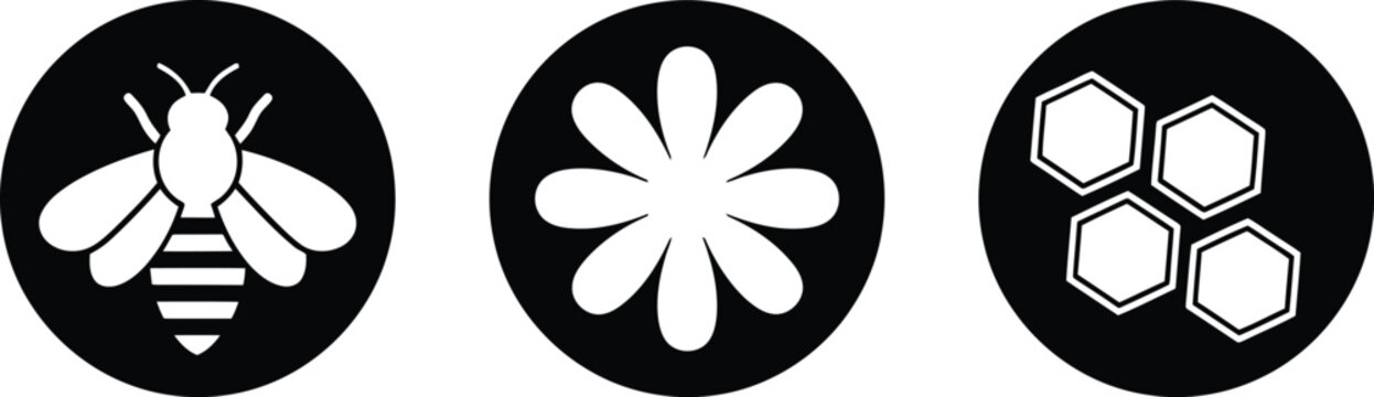 Bee, flower, and honeycomb black and white icons