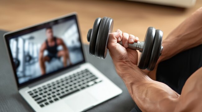 Close up of muscular man lifting dumbbell while watching online workout on laptop