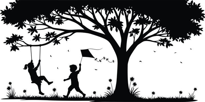 Children playing outside under a tree