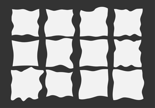 Colecci&oacute;n de doce formas cuadradas blancas con bordes ondulados irregulares sobre un fondo gris oscuro
