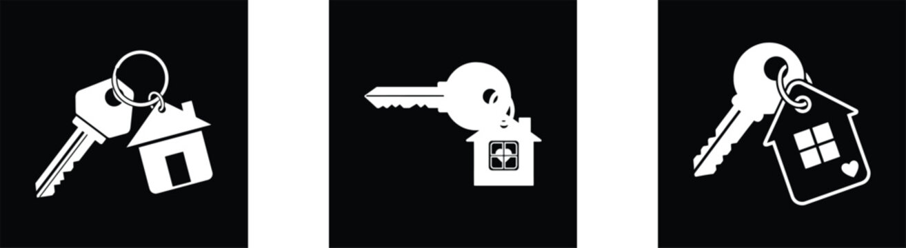 Three black and white house key icons on a white background