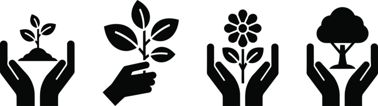 Hands nurturing plants and a tree