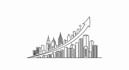 Fototapeta premium Line drawing of city skyline with an upward trending arrow