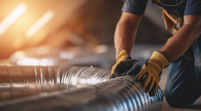 Technician installing flexible metal ventilation duct in attic