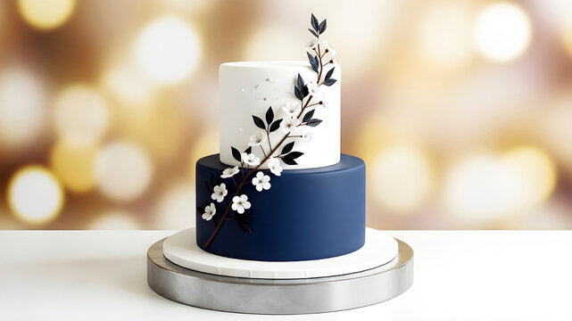 Navy and White Minimalist Two Tier Wedding Cake with Floral Branch