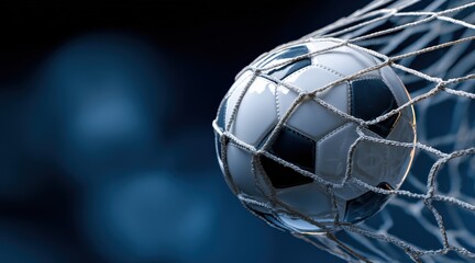 Naklejka premium Soccer ball hitting back of net with copy space