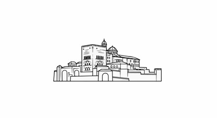 Fototapeta premium Line art sketch of a historical castle with multiple towers and arched structures