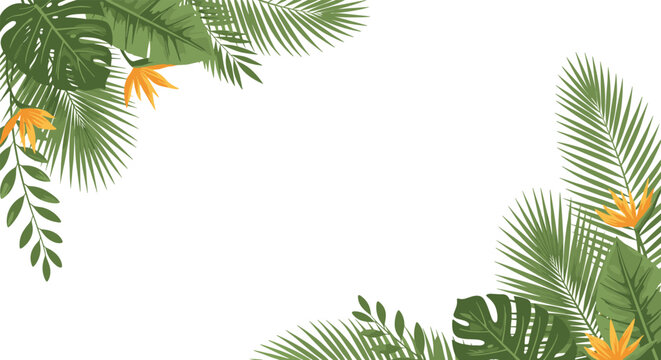 Tropical leaf border decoration featuring monstera and palm foliage with orange bird of paradise flowers on a clean white background.