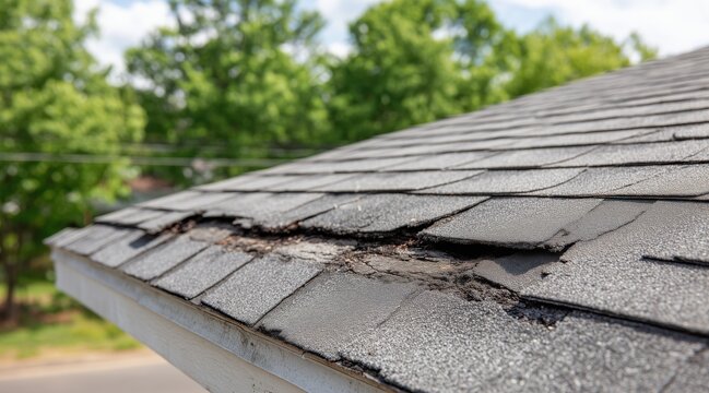 Damaged asphalt shingles on residential roof with cracked and peeling surface