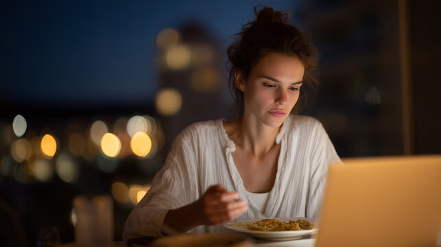 Remote worker eats dinner alone at desk as night falls, work screen still glowing, dinner plate untouched, urban window dark around them, ideal for remote isolation, work-life blur, and modern lonel