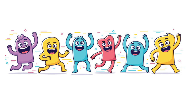 Diverse group of colorful cartoon monsters jumping and dancing with joy on a white background with small geometric decorative elements.