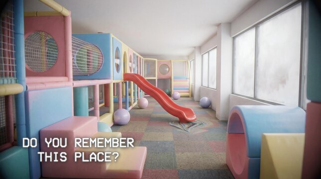 Do You Remember This Place Text over Pastel Dreamcore Indoor Playground