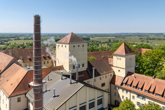 Drone view of the world&rsquo;s oldest brewery, Weihenstephan, located in Freising, Bavaria, Germany. Traditional architecture and scenic surroundings highlight German brewing heritage.
