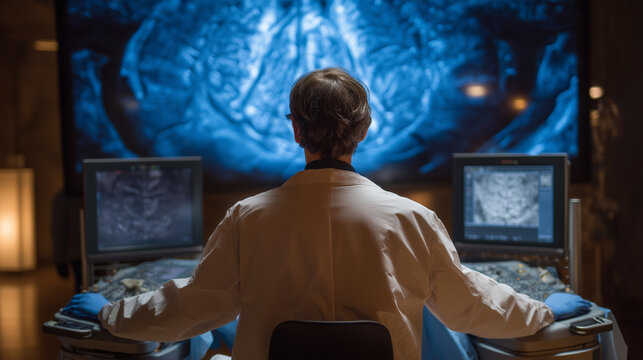 Da Vinci surgical system console operator seated in a darkened control booth, face illuminated by 3D surgical feed monitors, gloved hands resting on tremor-filtering manipulators mid-procedure, perf