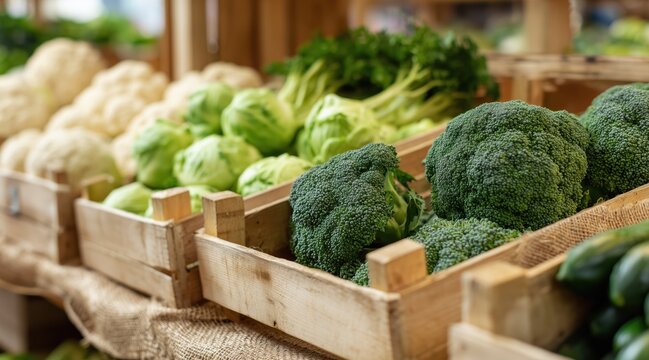 Fresh broccoli cauliflower and brussels sprouts in wooden crates at farmers market stall