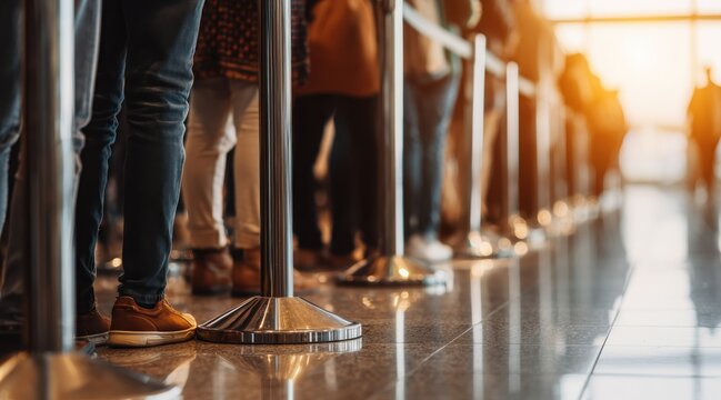 Queue of people standing behind metal stanchions in bright terminal