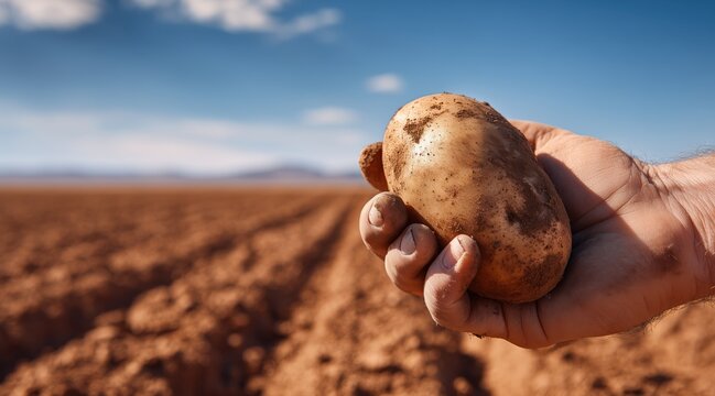 Farmer holding raw potato over harvested field