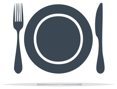 Simple illustration of a dark plate with a fork and knife for dining and food preparation