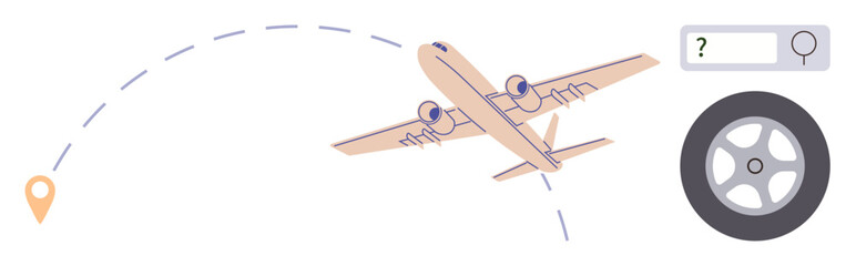 Obraz premium Travel, navigation, transportation, aviation, journey planning, exploring new destinations. Airplane flying a curved path with a location marker, search bar and wheel. Travel and navigation concept