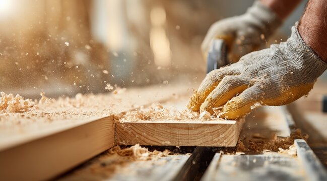 Close up of gloved hands working on wooden board with sawdust flying in workshop