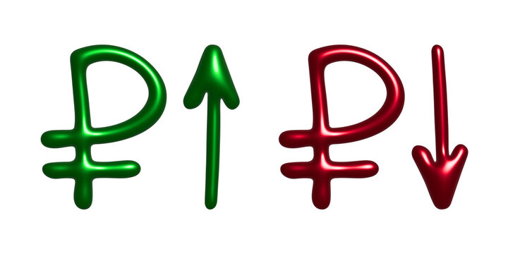 3d russian ruble currency symbol Growth and fall profit with arrow up and down Element for design