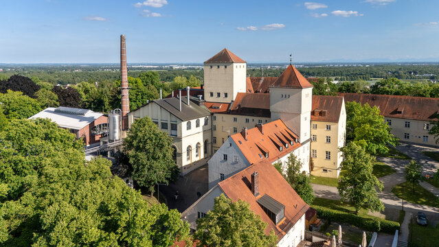 Drone view of the world&rsquo;s oldest brewery, Weihenstephan, located in Freising, Bavaria, Germany. Traditional architecture and scenic surroundings highlight German brewing heritage.