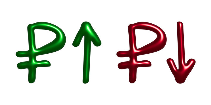 3d russian ruble currency symbol Growth and fall profit with arrow up and down Element for design