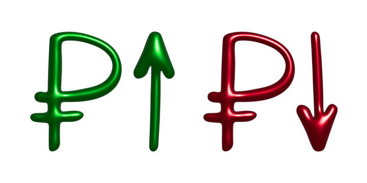 3d russian ruble currency symbol Growth and fall profit with arrow up and down Element for design
