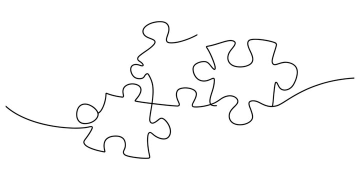 A single continuous line drawing depicting three interlocking jigsaw puzzle pieces in minimalist art Vector, illustration