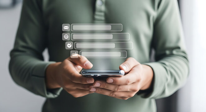 User's hands holding a smartphone displaying virtual input fields for online data entry, digital security, and application interaction