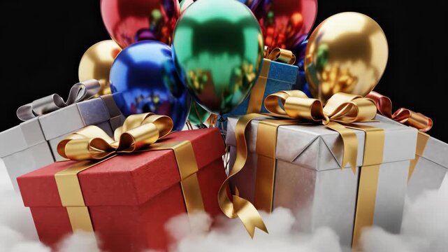 Festive Gift Boxes with Colorful Balloons Floating Above Clouds