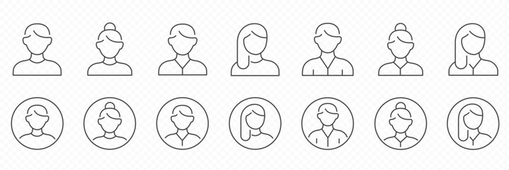 Fototapeta premium User avatar profile outline icons set male and female person account symbols in minimal line style on transparent background