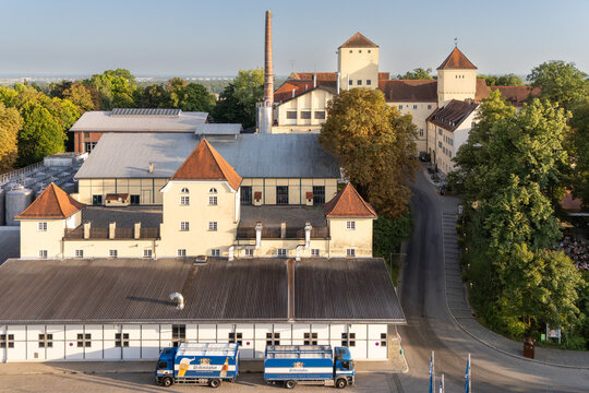 Drone view of the world&rsquo;s oldest brewery, Weihenstephan, located in Freising, Bavaria, Germany. Traditional architecture and scenic surroundings highlight German brewing heritage.