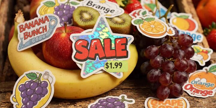 Fruit label stickers in retro cartoon style. Paper tags, fruit names, price stickers, colorful badges, grocery vibe, 90s packaging aesthetic, illustration in retro cartoon style, trendy patches