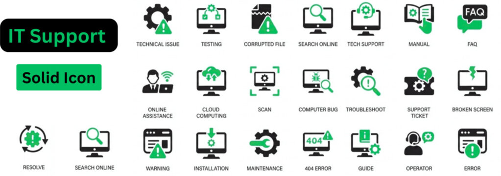 Solid vector of IT Support icon set. IT Support solid icon set. Tech and IT Support solid icon set. Includes symbols for Remote Access, System Optimization, Cloud Support, and Cyber Security. 